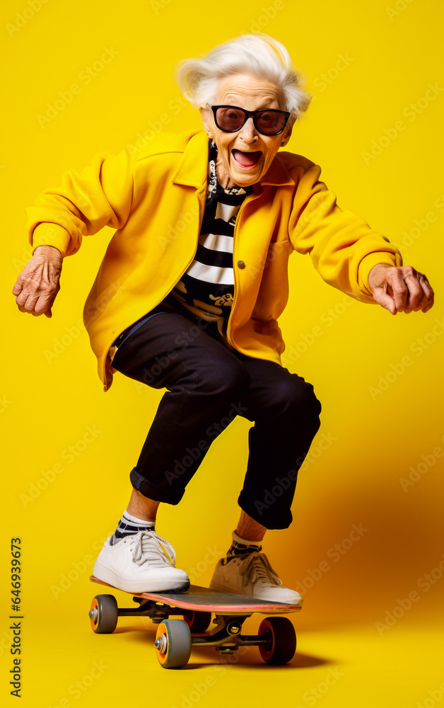 Funny and happy old woman uses a skateboard and enjoys doing stunts - isolated on yellow background Funny and happy old woman uses a skateboard and enjoys doing stunts - isolated on yellow background