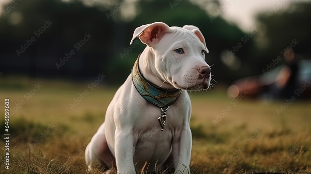 Dog breed dogo argentino in the field. Puppy having fun in the field