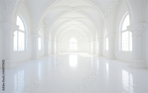 Empty spacious hall with white walls and white floor. All-white high-class residential environment with sunlight. Empty space with windows.