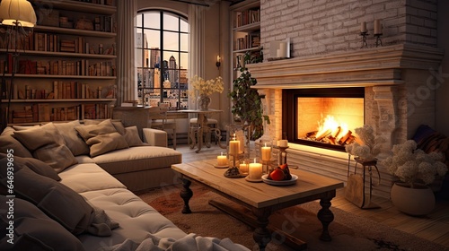A cozy living room with a sofa and fireplace inside.