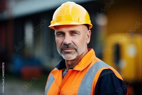 portrait of a construction worker wearing a hard hat and high-vis jacket