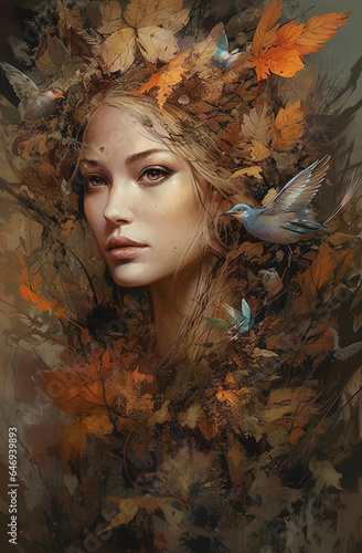 Image generated by AI. Drawing of a beautiful unknown woman among autumn leaves and small birds around her.