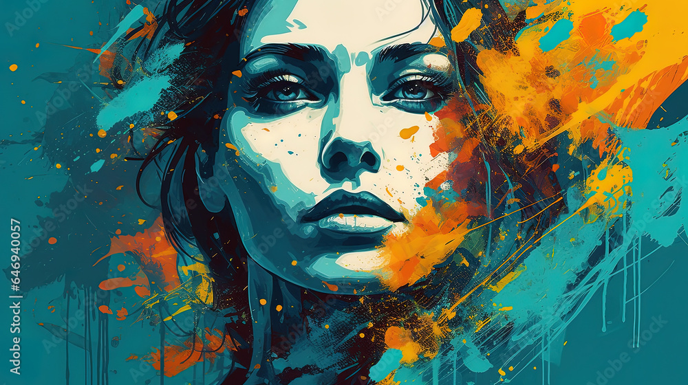 Image generated by AI. Ink drawing of an unknown beautiful woman using blue, orange and black colors.