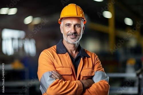 portrait of a construction worker wearing a hard hat and high-vis jacket