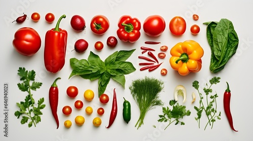Various red vegetables photo realistic flat lay pattern background.