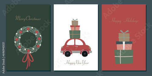A set of Christmas cards. New Year's openings. Winter postcards. Christmas tree, car, gifts, Christmas wreath