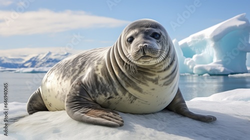solitary Weddell seal resting on an ice floe, gazing curiously at the camera. photo