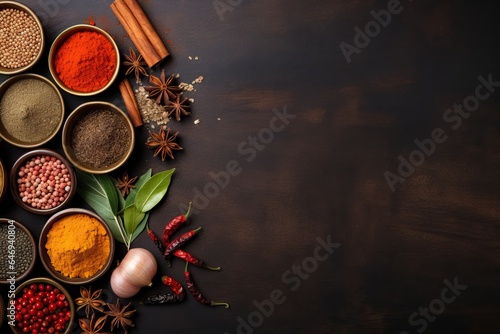 various flavorful seasoning cooking spices and herbs collection with the blank minimalist copy space