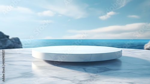 Round Marble Podium in sky blue Colors in front of a blurred Seascape. Luxury Backdrop for Product Presentation  © drdigitaldesign