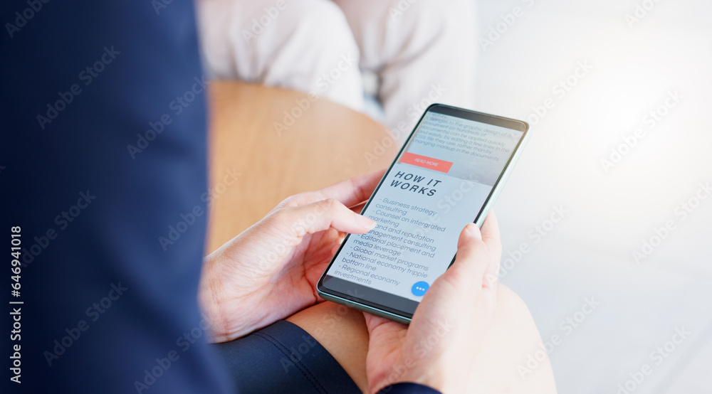 Phone screen, website and hands scroll or people with clients review, about us and digital marketing services. Web design, information and faq page of business person on cellphone or user mobile app Phone screen, website and hands scroll or people with clients review, about us and digital marketing services. Web design, information and faq page of business person on cellphone or user mobile app