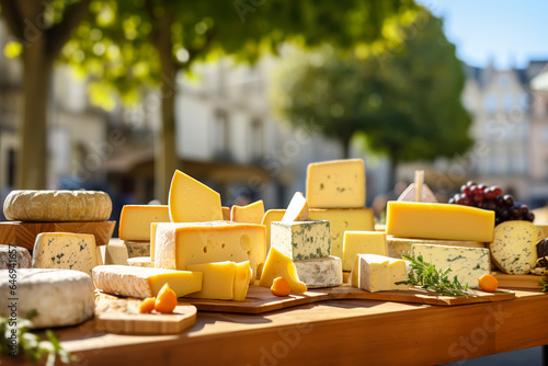 Fototapeta Naklejka Na Ścianę i Meble -  Local market with fresh farm products. Abundance of different cheeses close-up on street counter