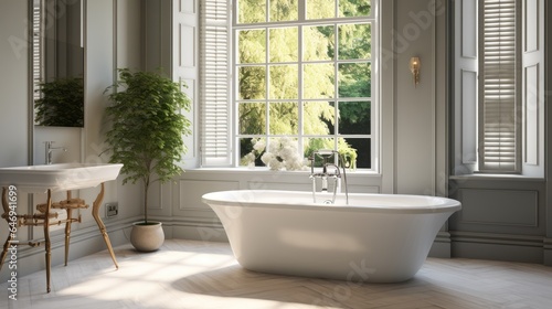 Luxurious modern bathroom design in the UK with a roll top bathtub and background window. © Vusal