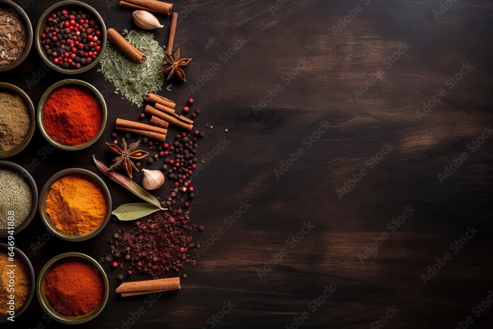 various flavorful seasoning cooking spices and herbs collection with the blank minimalist copy space