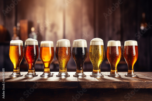 Food and drink concept. Set of drinking glasses filled with various types of beer and placed and rural wooden background with copy space. Generative AI