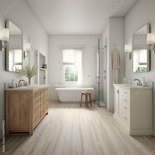 Transitional Bathroom: Merging traditional and modern elements to create a balanced, timeless design with clean lines and neutral tones. AI Generated