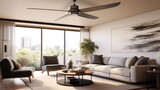 Low angle view of a modern ceiling fan in a chic living room