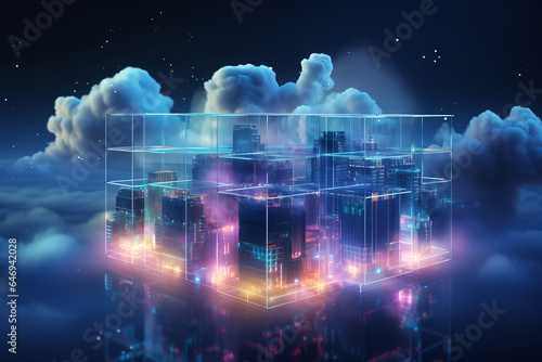 Cloud Data Base Technology concept with blue and pink glowing neon structures on dark background