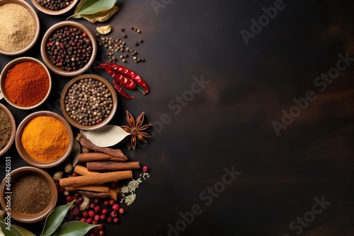 various flavorful seasoning cooking spices and herbs collection with the blank minimalist copy space