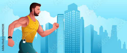 Illustration of a fit man jogging vigorously against the backdrop of a cityscape. The urban fitness mindset, determination, and personal well-being, preference for health and fitness-related projects