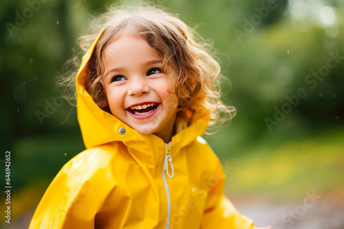 Happy playful little girl enjoying the rain in a yellow raincoat © MVProductions