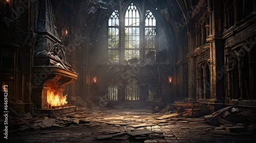 Empty castle, room with hearth and shattered windows