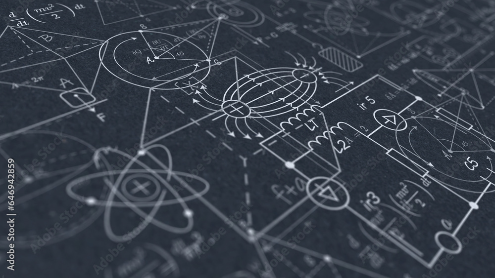 School background in physics and mathematics .Formulas and drawings. Scientific research. illustration.