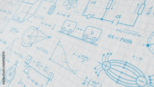 School background. Technological engineering invention. Physics and mathematics .Formulas and drawings. illustration.