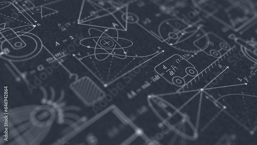 School background. Technological engineering invention. Physics and mathematics .Formulas and drawings. illustration.