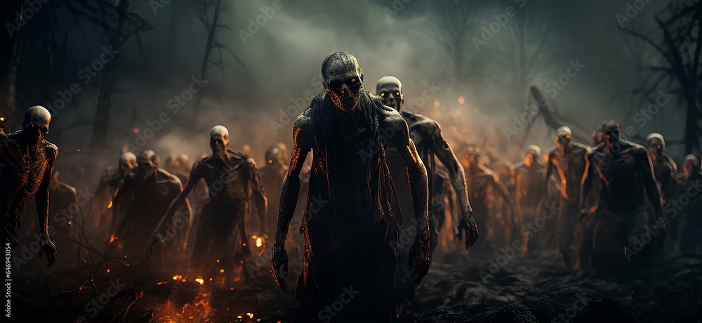Obraz na płótnie Apocalypse fantasy scene hroup of zombie walking. Halloween concept w salonie