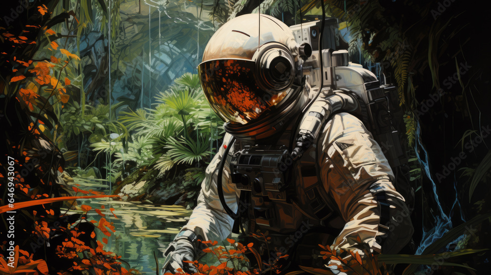 an astronaut in the green jungle
