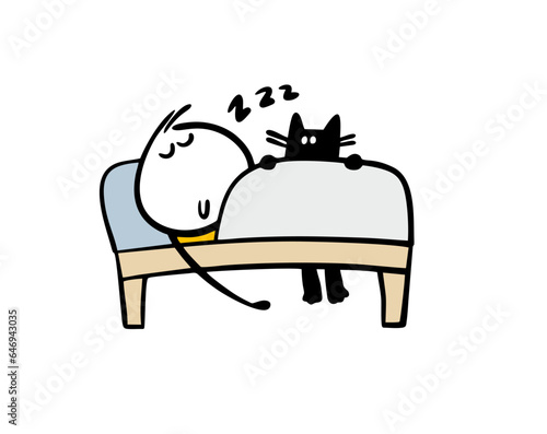 Stickman sleeps on the bed under a blanket, the cat wakes him up with a meow. Vector illustration of a black pet and a carefree owner.