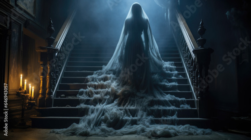 a woman in a long white dress disguised as a ghost in a dark, ramshackle room © jr-art