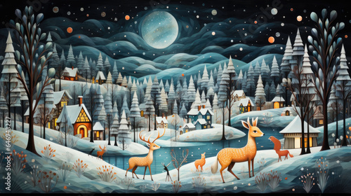Illustration of a winter landscape at night in a forest with animals