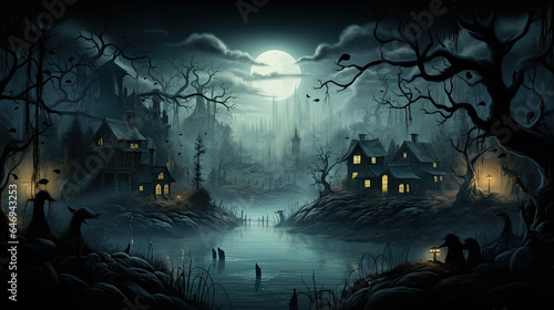 Illustration of a haunted house in the forest at night with full moon © jr-art