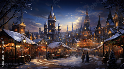 Illustration of a village in winter with a Christmas market on the street and snow on the roofs of the houses