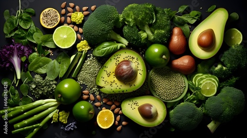 Various green fruits and vegetables photo realistic flat lay pattern background.