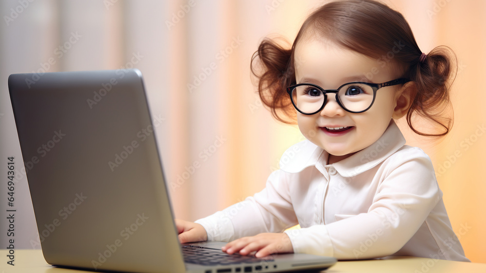 Happy cute kid working on laptop in office. Copy space Happy cute kid working on laptop in office. Copy space