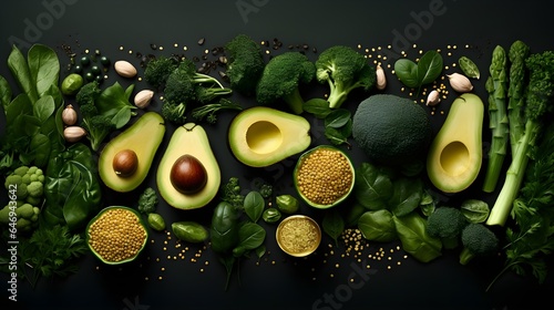 Various green fruits and vegetables photo realistic flat lay pattern background.