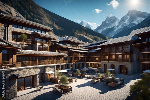 hotel complex in the mountains, modern with traditional elements of stone on the façade - AI Generative