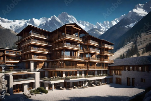 hotel complex in the mountains, modern with traditional elements of stone on the façade - AI Generative © Being Imaginative