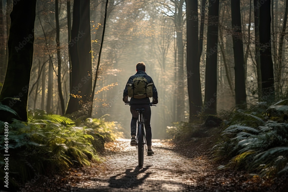 Fototapeta premium Silhouette of a lonely cyclist in the morning foggy forest. A bike ride in the fresh air, alone with your thoughts. Solitude in nature. Back view.