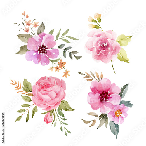 Botanical set of watercolor illustrations of bouquets of pink flowers.