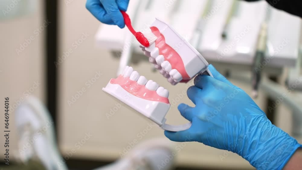 Skilled dentist in gloves explaining teeth brushing to children at health lesson showing toothbrush and plastic human jaws doctor consulting little patients in clinic Skilled dentist in gloves explaining teeth brushing to children at health lesson showing toothbrush and plastic human jaws doctor consulting little patients in clinic