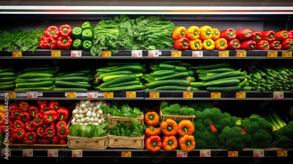 Vegetables in the refrigerated shelf of a supermarket. Generative AI