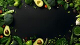 Frame from fresh green fruits and vegetables, summer nature concept with copy space.