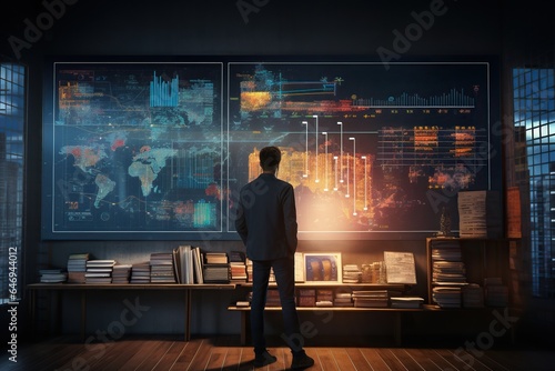 a man standing in front of a big futuristic display examining data information analytics chart