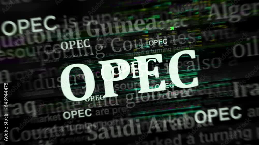 OPEC Organization Petroleum Exporting Countries oil producing export association headline across media. Abstract concept of news titles on noise displays loop. TV glitch effect seamless looped. OPEC Organization Petroleum Exporting Countries oil producing export association headline across media. Abstract concept of news titles on noise displays loop. TV glitch effect seamless looped.