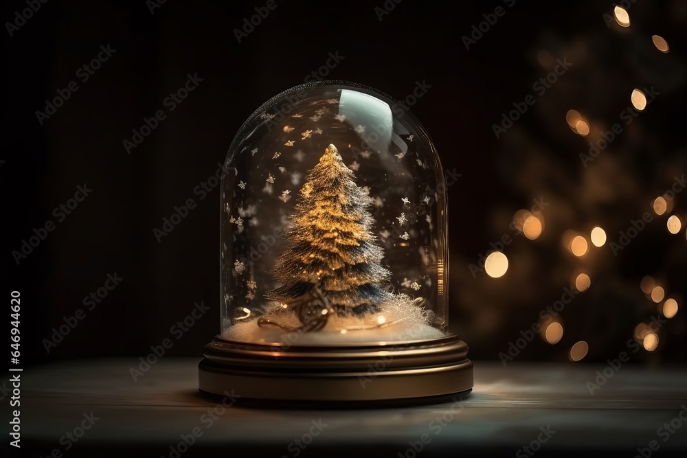 Christmas Tree In Snow Globe On Snow With Golden Lights generated by AI Christmas Tree In Snow Globe On Snow With Golden Lights generated by AI