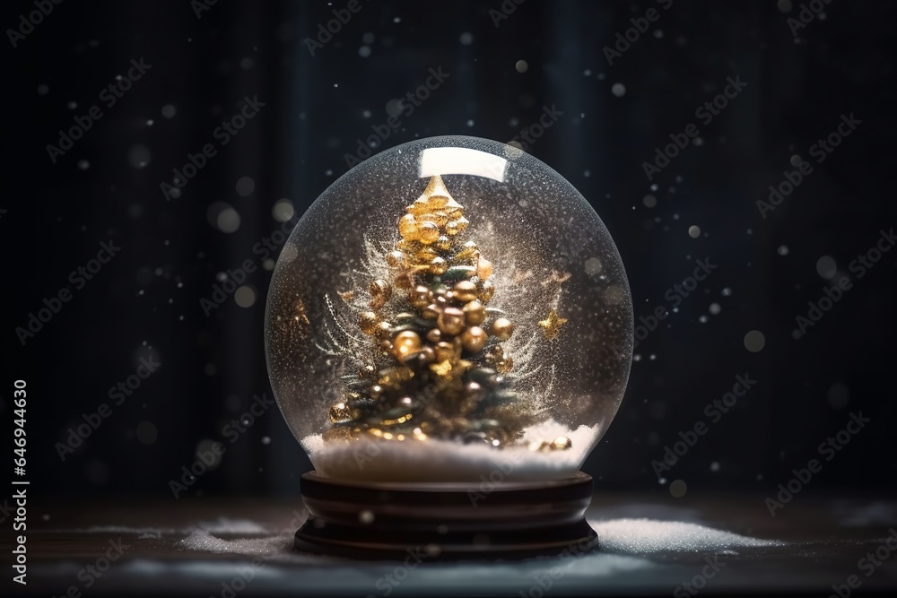 Christmas Tree In Snow Globe On Snow With Golden Lights generated by AI Christmas Tree In Snow Globe On Snow With Golden Lights generated by AI