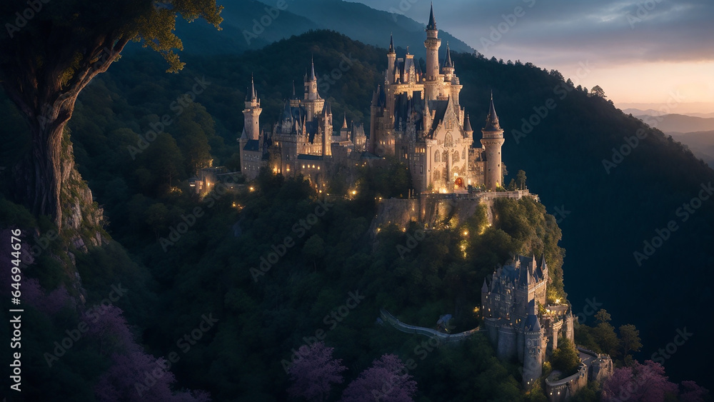 Magnificent and enchanting fairy-tale castle perched on a hilltop, surrounded by lush gardens - AI Generative